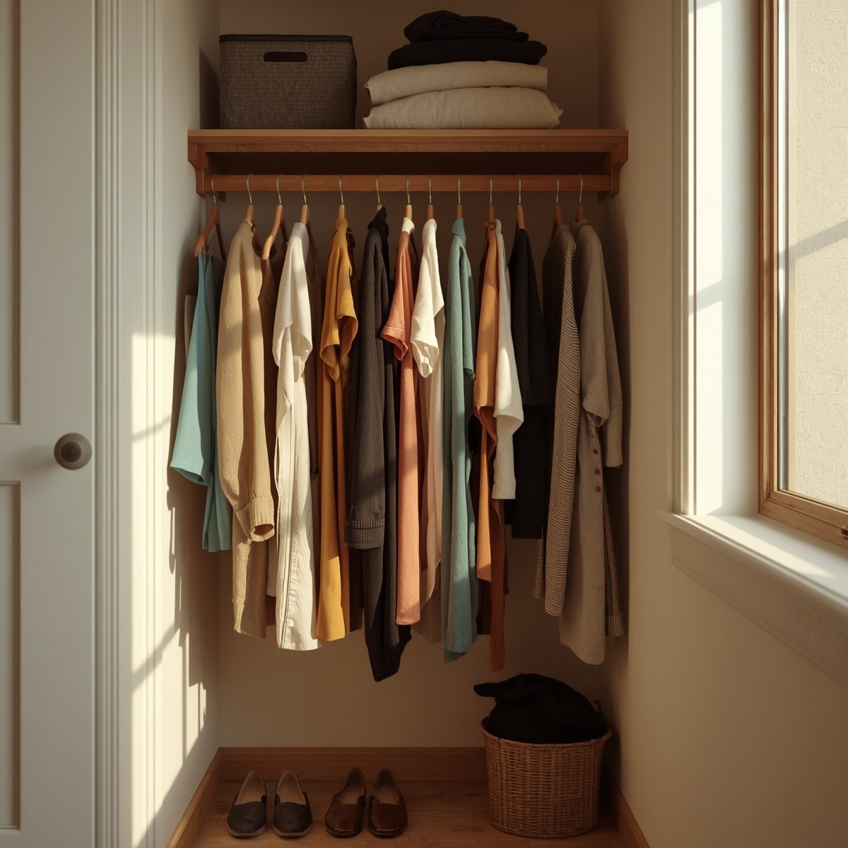 A beautifully organized closet with warm light and matching hangers