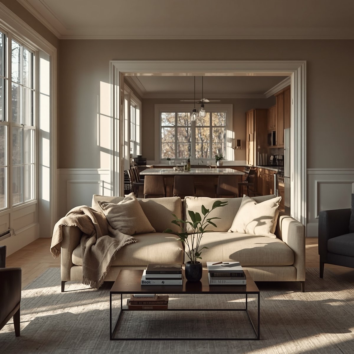 A serene, beautifully organized living space with natural light and clear surfaces